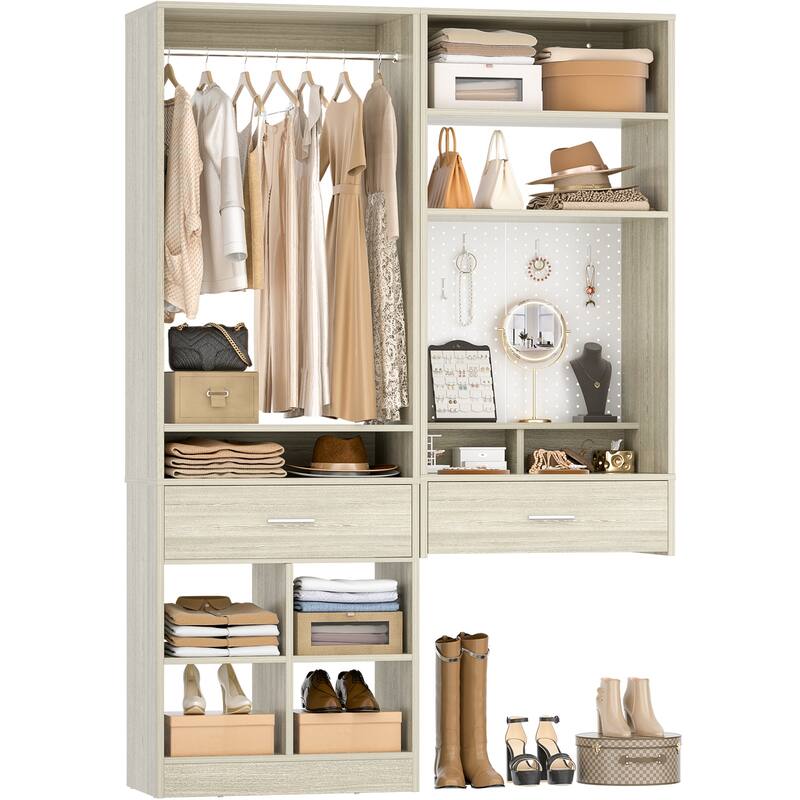 Set of 2 Closet System with Hanging Rod and 11 Open Shelves,Walk-in Closet Organizer with 2 Wooden Drawers and Magnetic Pegboard