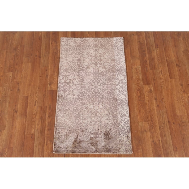 Beige Geometric Modern Oriental Accent Rug Handmade Wool Carpet - 2'1"x 3'9"