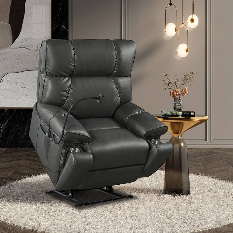 Christopher Knight Home - Power Lift Recliner Chair with Dual Motors, Massage, Heat, Cup Holders & Adjustable Phone Holder - Gray