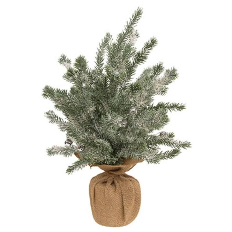 Faux Pine Snowy Flocked Tabletop Christmas Tree with Jingle Bells Burlap Base Rustic Holiday Décor