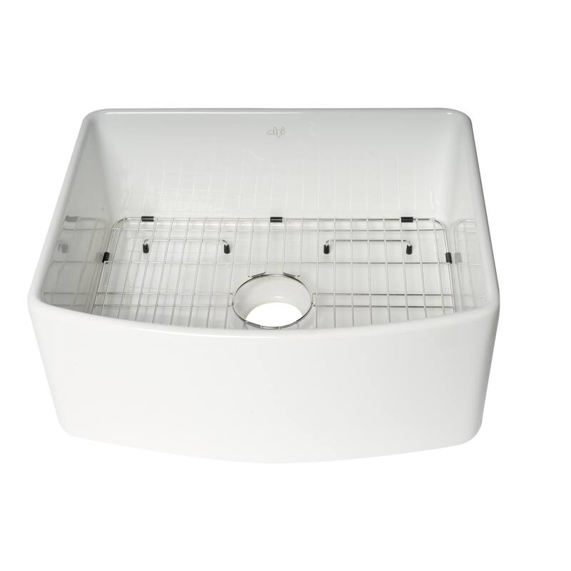 ALFI Brand White Smooth Curved Apron 24" x 20" Single Bowl Fireclay Farm Sink with Grid
