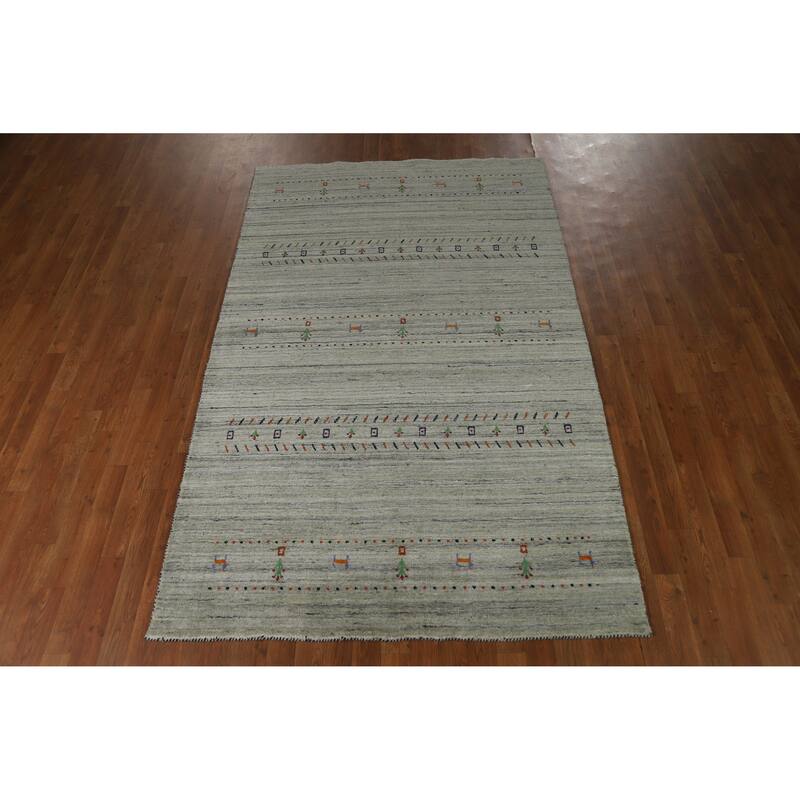 Hand Knotted Oriental 100% Wool Carpet Tribal Animal Pictorial Green Gabbeh Area Rug - 8' 1'' X 4' 11''