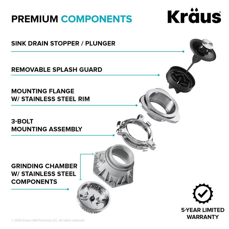 Kraus KWD210-75 3/4 HP Continuous Feed Garbage Disposal with Power