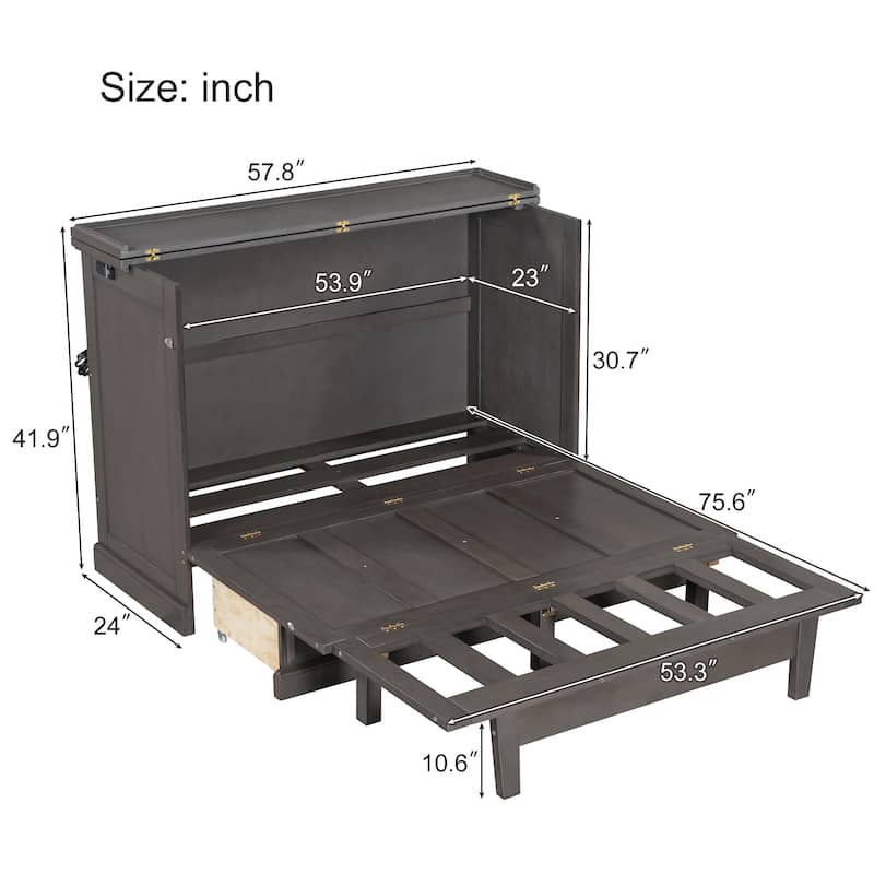 Solid Pine Murphy Bed Chest Cube Cabinet Bed with Charging Station and Large Storage Drawer for Home Office or Small Room,Full