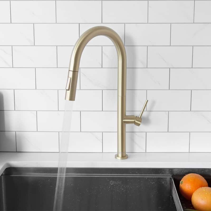 Single Handle Pull-Down Sprayer Kitchen Faucet K-141 - Height: 17.25" Spout H: 9" Spout R: 9" - Brushed Gold