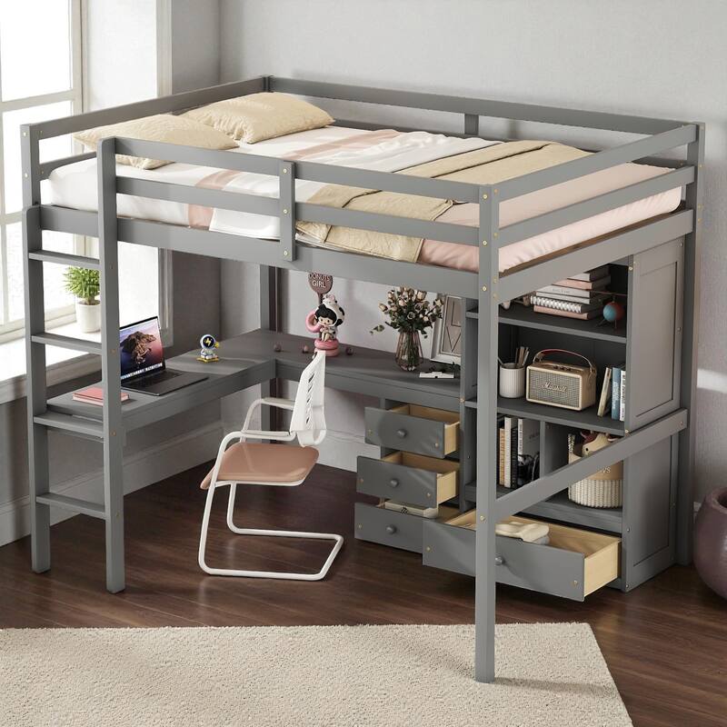 Full Size Loft Bed with Desk, Drawers and Shelves, Solid Pine Wood Frame with Built-in Ladder and Guardrails