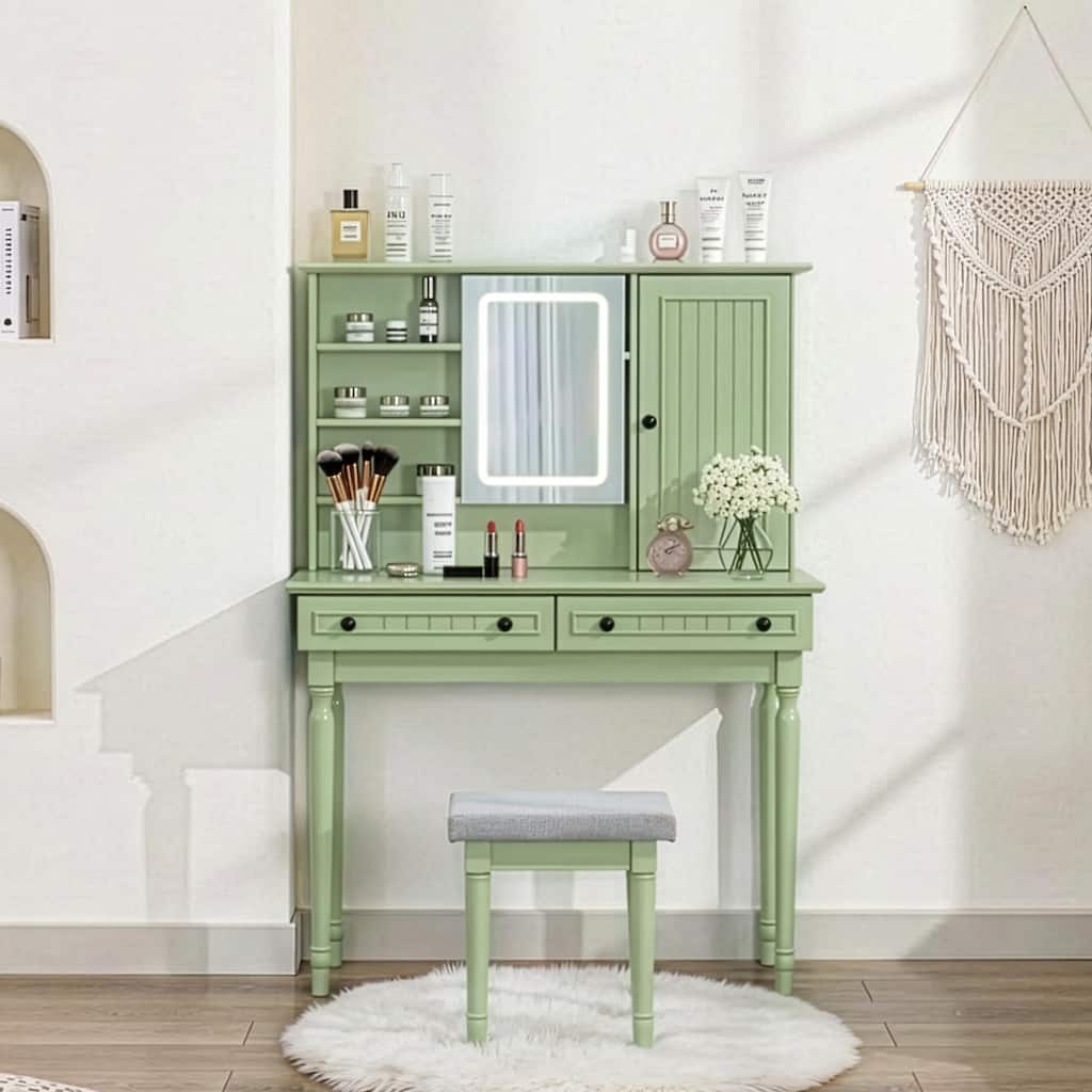 Vanity Desk with Adjustable Lighted Mirror & Upholstered Stool