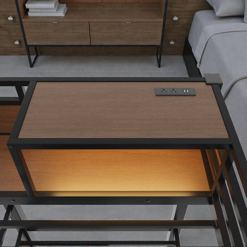 Twin/Full Metal Bunk Bed with Storage Shelves, Drawers, LED Light Strip, USB Power Outlet & Sturdy Guardrail Design