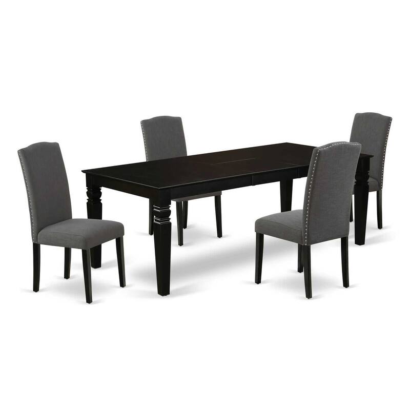 Rectangular Dining Set - 66/84 Inch Table with Leaf & 4 Parsons Chairs - Dark Gotham Grey Linen Fabric