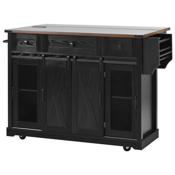 Farmhouse Kitchen Island with Drop Leaf, Storage & Sliding Barn Door - Black