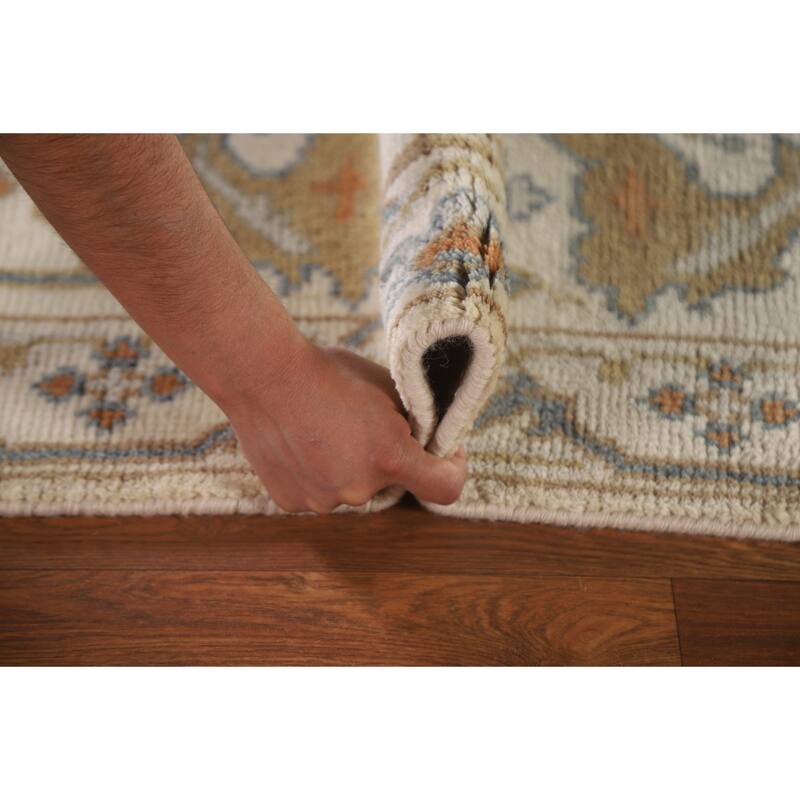 Beige Floral Oushak Runner Rug Hand-knotted Wool Carpet - 2'6"x 9'10"