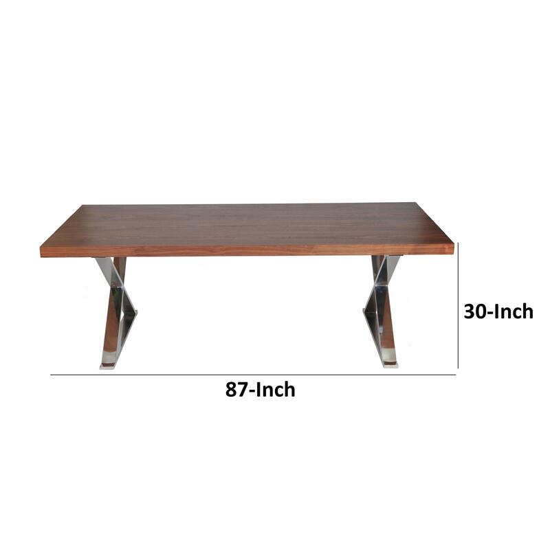 Rix 87 Inch Dining Table, X Chrome Legs, Walnut Brown Rectangular Wood Top