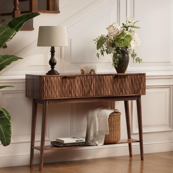 Mid-Century Modern Console Table with Solid Wood Legs and Storage ...