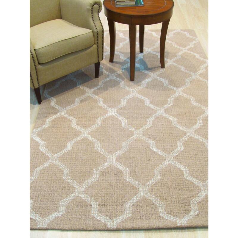Beige Modern Geometric Wool Loop Cut Pile Rug, 8'9 x 11'9, Contemporary Plush Accent - L