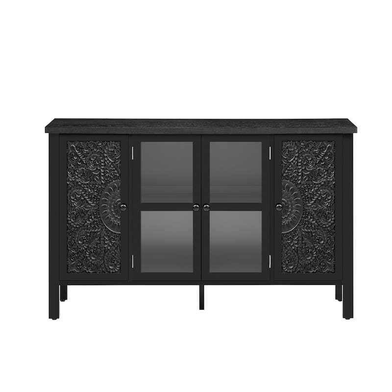 TV Stand with Glass Carved Doors, Entertainment Center with Adjustable Shelves, Wood Media Console Cabinet