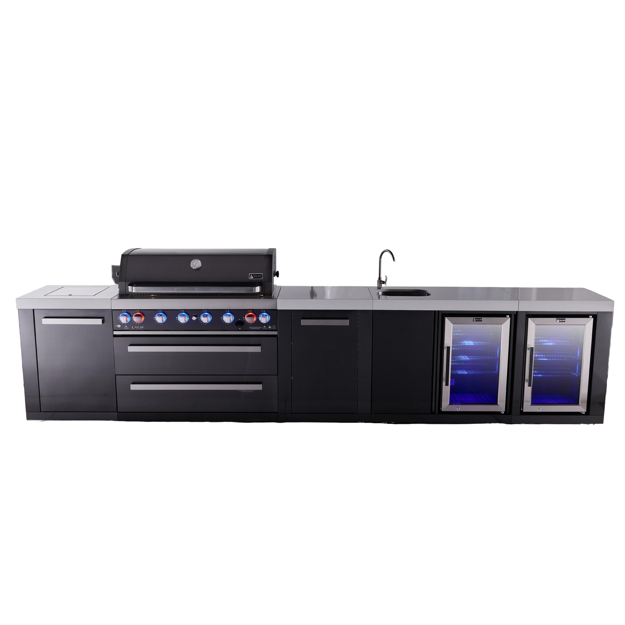Mont Alpi 157"W x 23"D Black Stainless Steel Outdoor Kitchen Island with 2 Refrigerators + Faucet + Sink + 44"W 6-Burner Grill