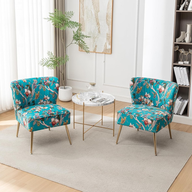 Velvet Floral Accent Chair (Set of 2) with Gold Legs, Modern Comfy Tufted Side Chair for Living Room/Bedroom - Blue