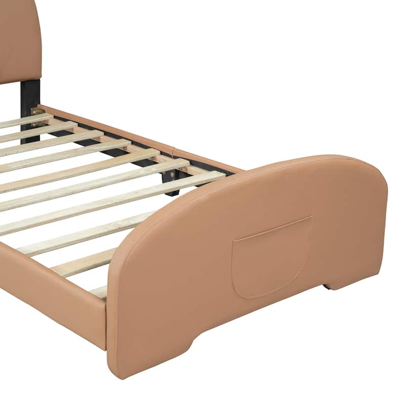 Upholstered Platform Bed, Bear-shaped Headboard, Footboard with Pocket, Wood Panel Bed for Kids Girls Boys