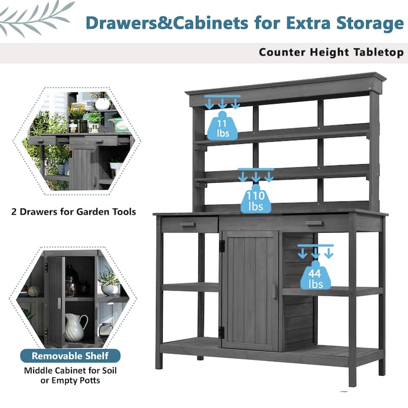 Roomfitters 66" Large Farmhouse Outdoor Potting Bench Table with 2 Drawers, Cabinet and Open Shelves, Gray