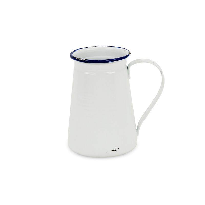 White Metal Lacquered Jug with Blue Rim Decor