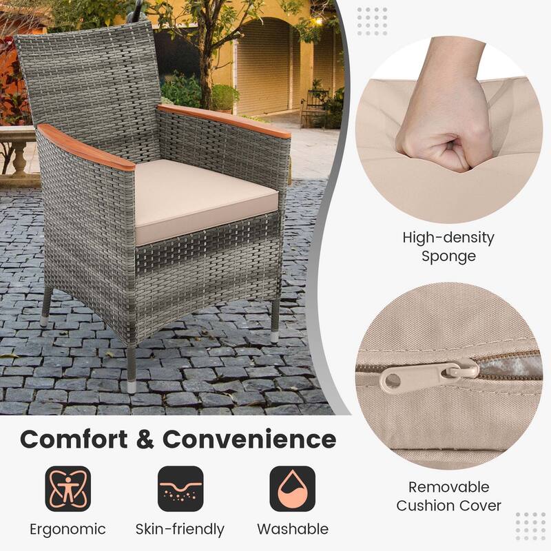 Gymax 7 PCS Patio Wicker Dining Set w/ Acacia Wood Table & 6 Armchairs