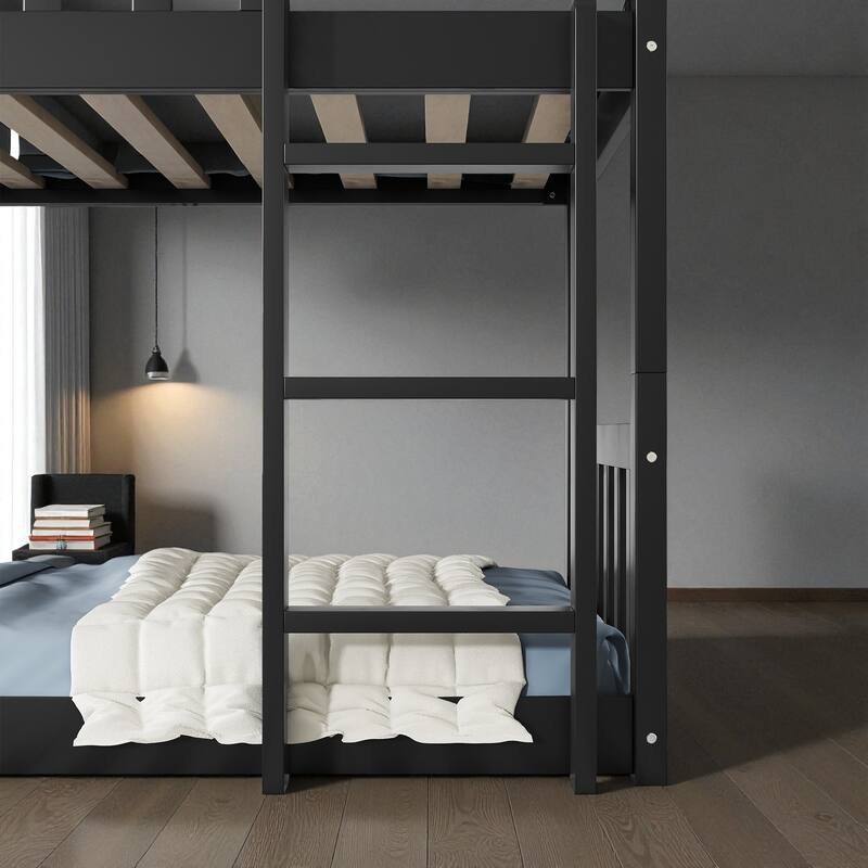 Twin Over Twin Over Twin Rubber Wood Triple Bunk Bed with Guardrails and Ladders, Detachable Convertible Triple Twin Bed Frame