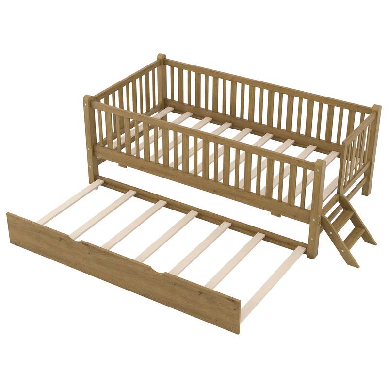 Low Loft Bed Frame with Semi-enclosed Fence and Stairs, Twin Size Daybed Optional with Trundle Bed or Drawers, Wood Platform Bed