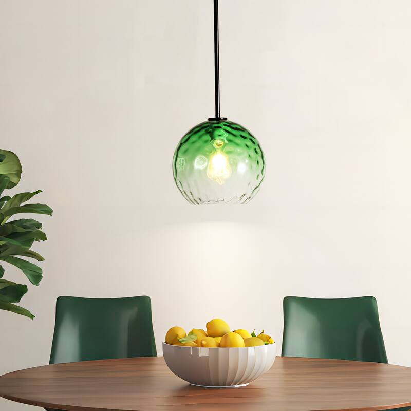 1-Light Modern Gold/Black Metal Hanging Pendant with Green Hammer Textured Glass Shade for Kitchen Island, Living room