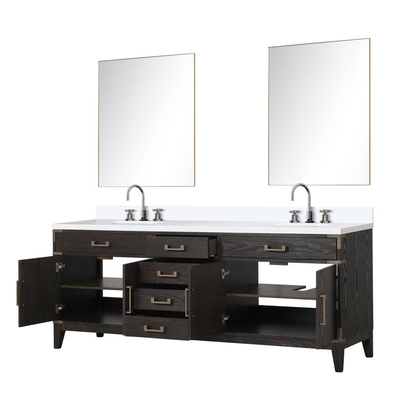 Laurel 60 in W x 22 in D Black Oak Double Bath Vanity, White Quartz Top, Faucet Set, and 28 in Mirrors
