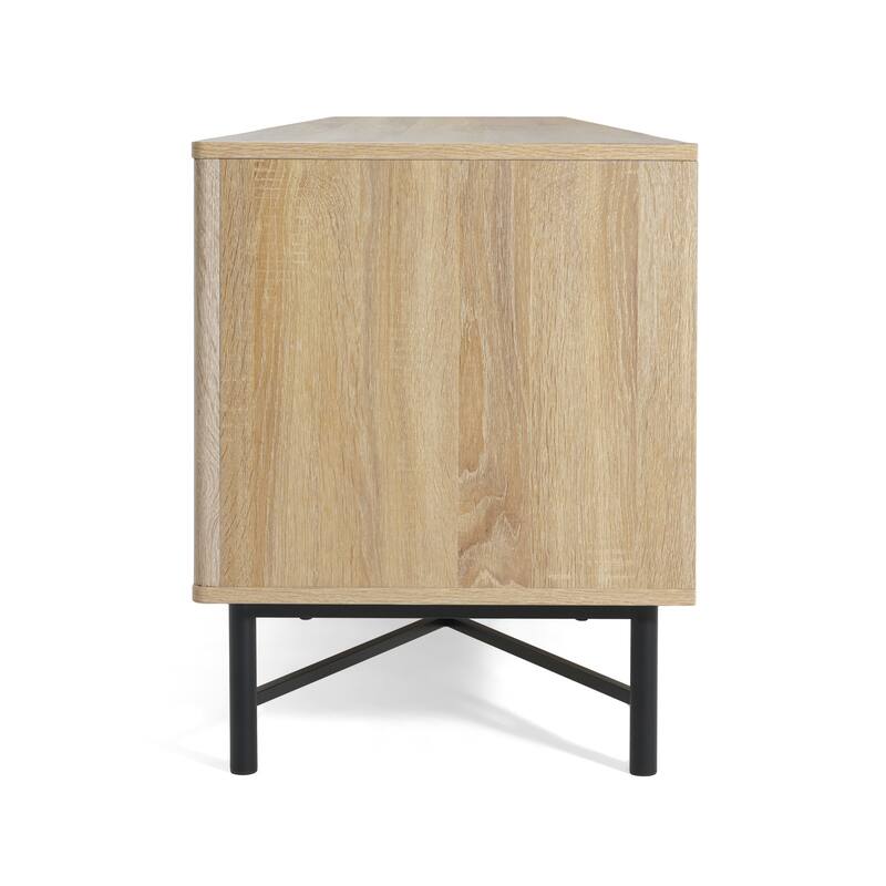 Modern Multifunctional 4-Door TV Stand with 2 Storage Spaces and Adjustable Shelves, for Living Rooms, Natural