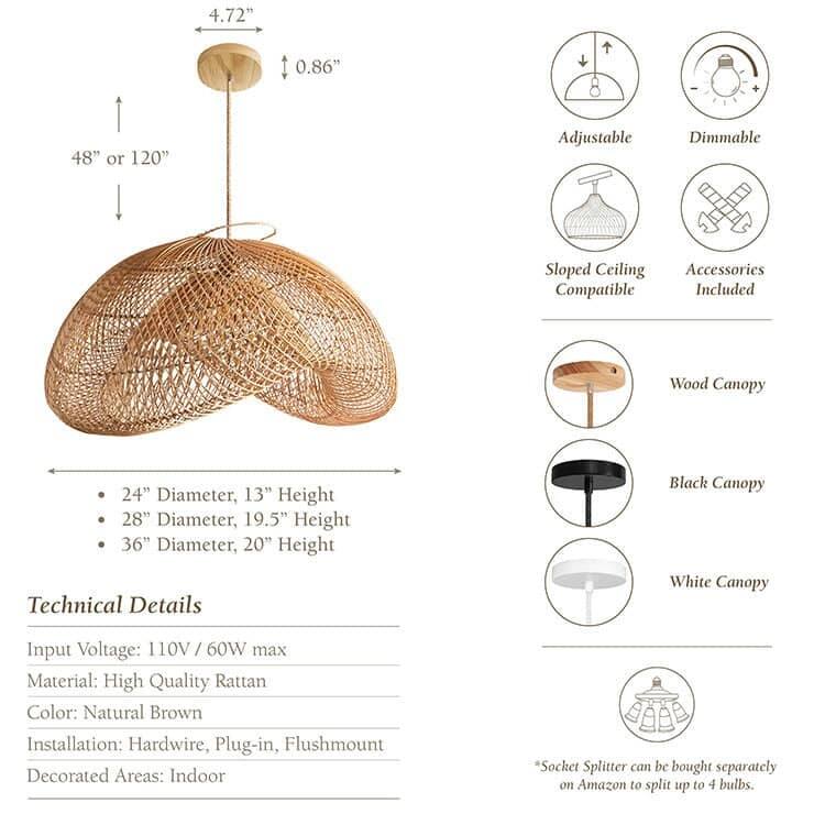 Sepherina Rattan Pendant Light Natural Large Sculptural Handwoven Light Fixture For Modern, Transitional, Farmhouse Room Décor.