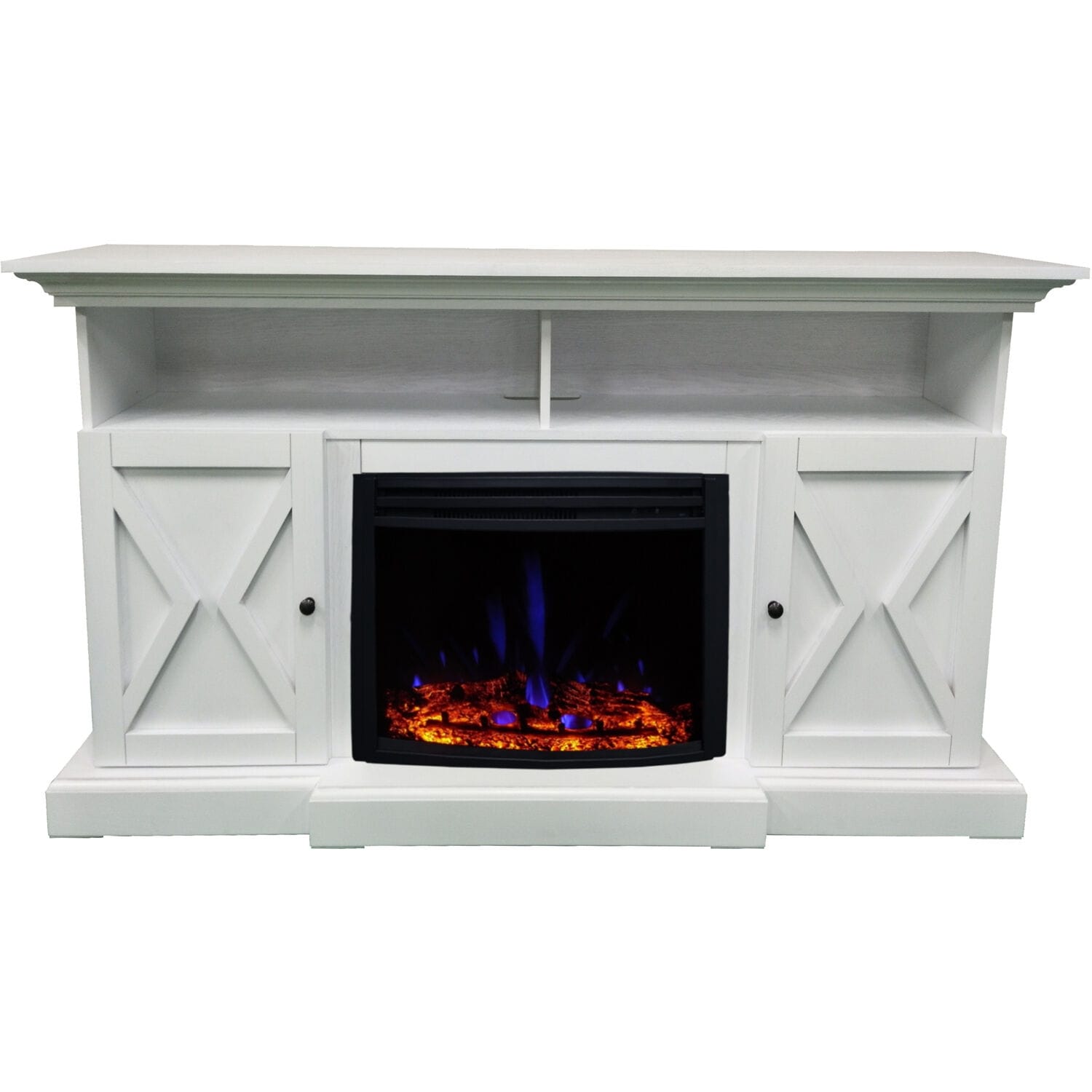 Hanover 62-in. Whitby Farmhouse Electric Fireplace Heater with Deep Log Insert and Multi-Color Flame Display, White - 62 Inch