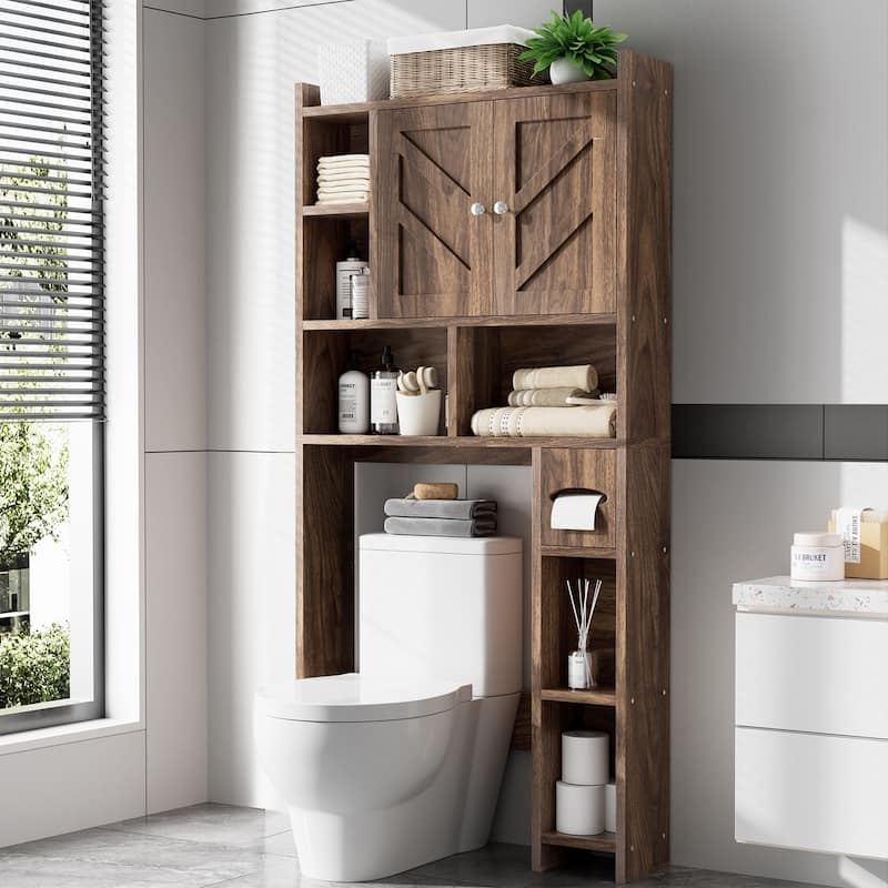Over-The-Toilet Storage Cabinet – 2-Door Bathroom Organizer with Tissue Holder - Brown
