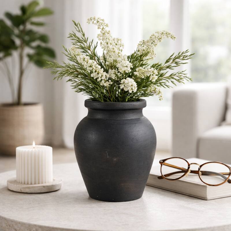 Decorative Round Pottery Vase - Rustic Boho Flower Vase