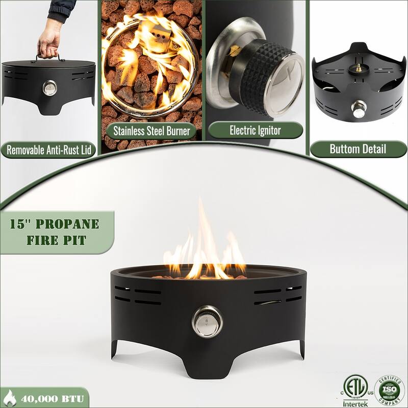 15" Round Steel Tabletop Propane Gas Fire Pit with 40000 BTU