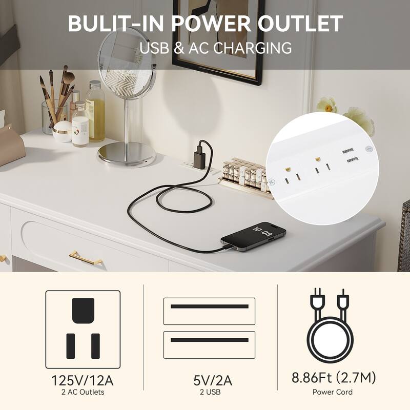 Vanity Makeup Table and Chair Set, Built-in Power Charging Station Dressing Table Writing Desk with Storage Organizer