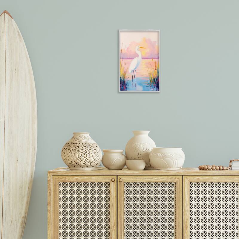 Stupell Egret under Beaming Sunset Framed Giclee Art Design By Arlington Prints