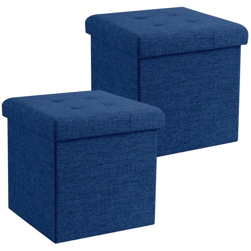 2 Pack - 15" Collapsible Square Cube Storage Ottoman, Perfect for Dorms, Livingroom and Bedroom - Navy Blue