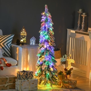 HOMCOM 4ft Tall Prelit Pencil Artificial Christmas Tree Holiday Décor with 225 Snow Flocked Branches, Downswept Shape - 3.93 ft