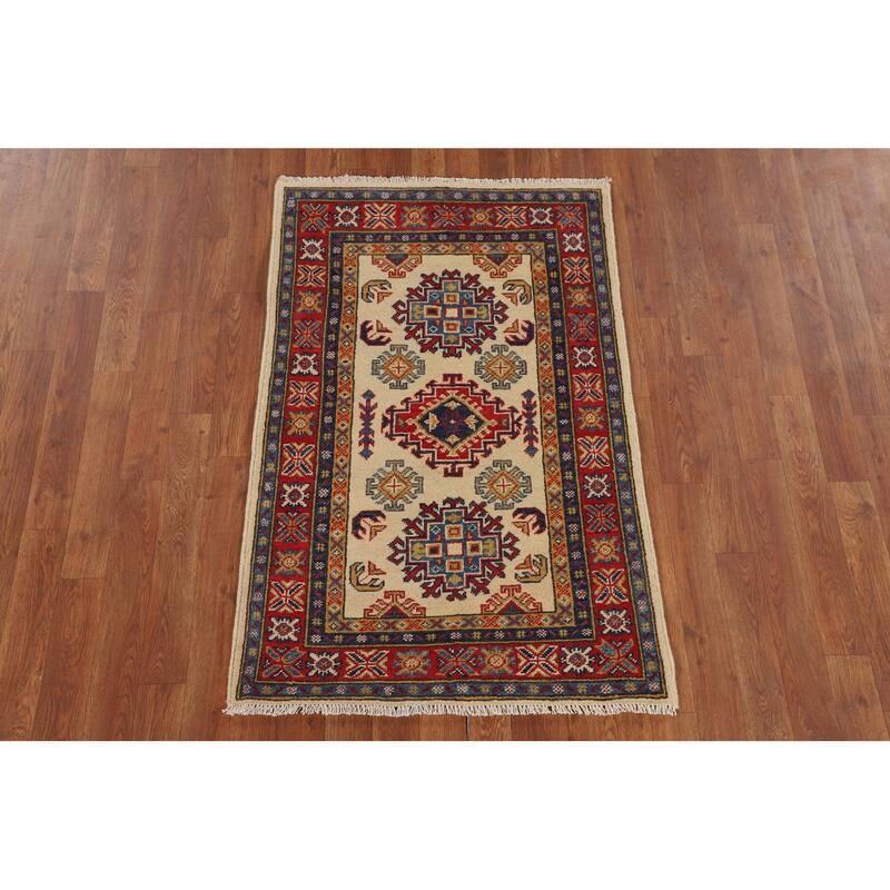 Geometric Beige Kazak Accent Rug Handmade Wool Carpet - 2'7" x 3'11"