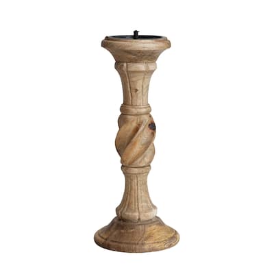 Handcarved Wood Pillar Candle Holder - 5.0"L x 5.0"W x 12.0"H