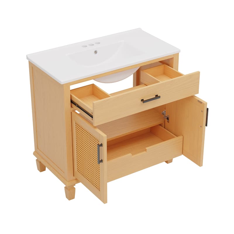 Rattan Bathroom Vanity with Ceramic Sink, Freestanding Bathroom Storage Cabinet, Bathroom Vanities with Double Door & 3 Drawers
