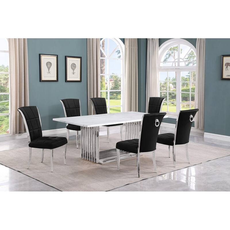 Best Quality Furniture D312/3-SC320-7 Dining Set with 79" White Marble Top - 7-Piece - Black / Silver