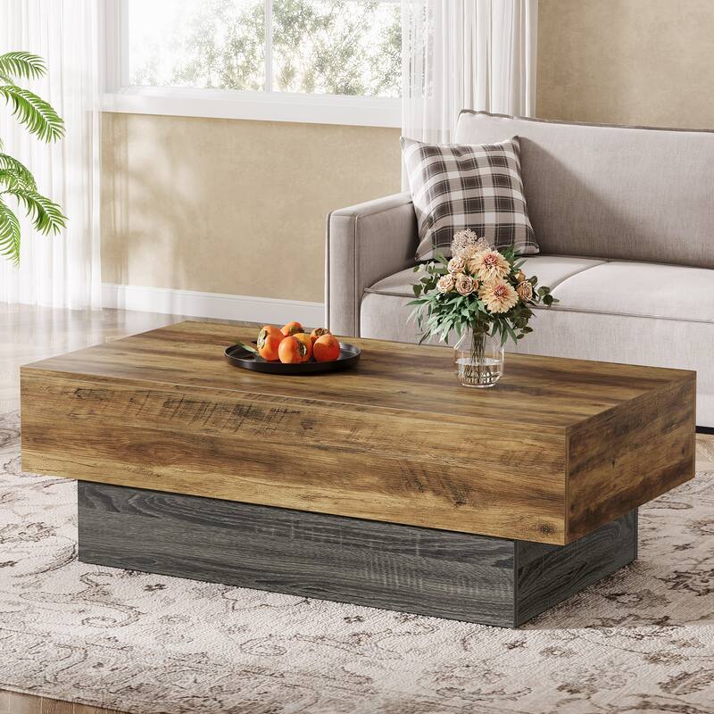 Farmhouse Wood Coffee Table, 55-Inch Rectangle Large Tea Table - Brown+Grey - Wood