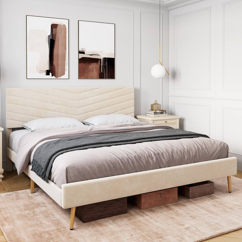 Upholstered Platform Bed Frame with Adjustable Headboard