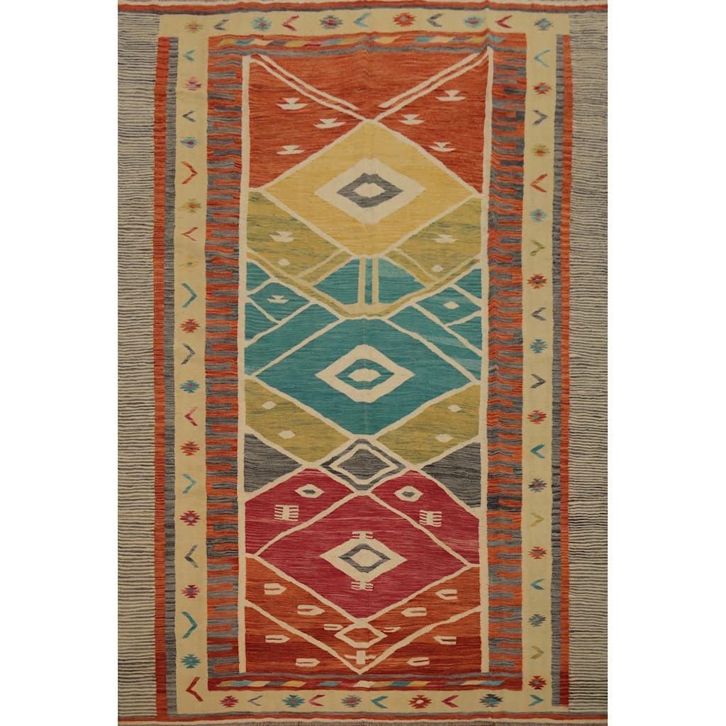 Hand Woven Oriental 100% Wool Carpet Southwestern Tribal Multi-Colored Kilim Area Rug - 9' 10'' X 8' 2''