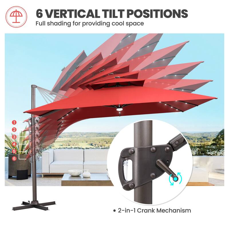 Outdoor Solar-Powered LED Light 11 FT Aluminum Cantilever Umbrella with Double Top and Base