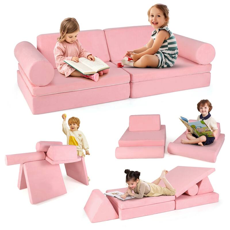 Gymax 8 Pcs Kids Play Couch Convertible Sectional Floor Sofa - Pink - Kids