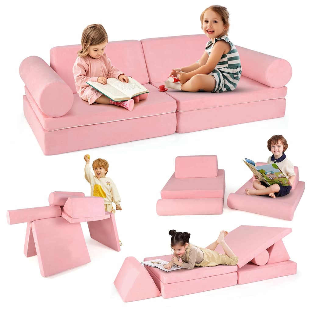 Gymax 8 Pcs Kids Play Couch Convertible Sectional Floor Sofa