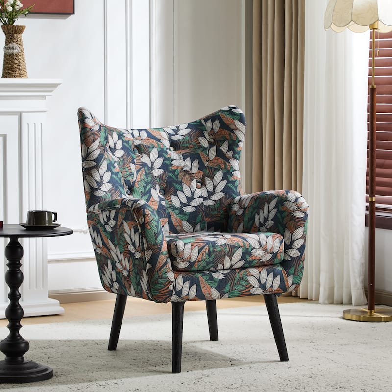 Roomfitters Tufted Wingback Accent Armchair, Tropical Pattern Upholstered Fabric Chair, Modern Living Room Seating, Multicolor - Dark Blue